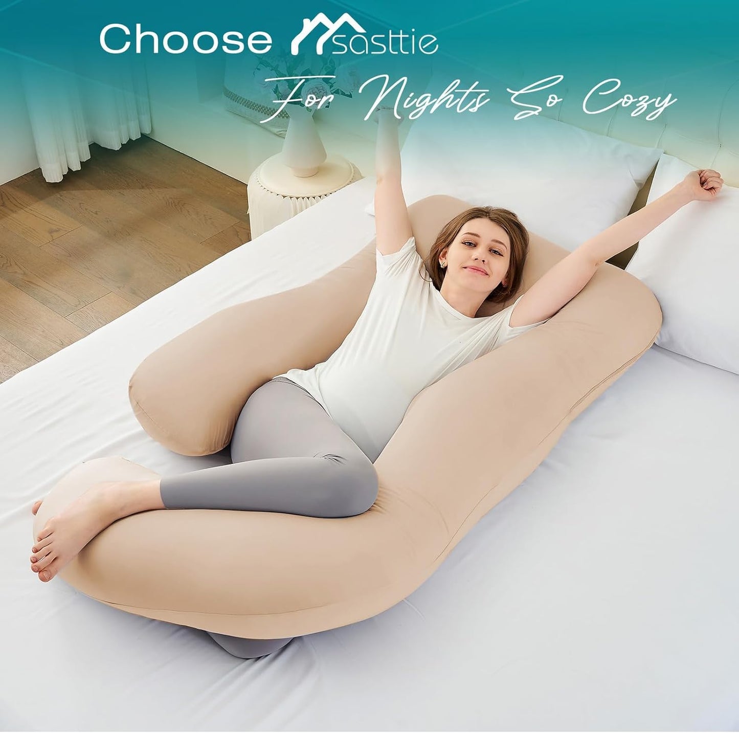 Sasttie Pregnancy Pillows for Sleeping, Jumbo U Shaped Cooling Full Body Pillow with Removable Cover, Pregnant Women Must Haves, Maternity Essential, Beige