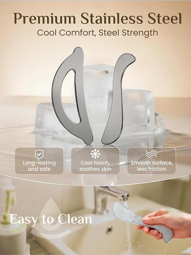 Rena Chris Muscle Scraper Tool Set - Stainless Steel Gua Sha for Physical Therapy & Deep Tissue Massage, Body Gua Sha Tools with Travel Pouch (2-Piece Kit)