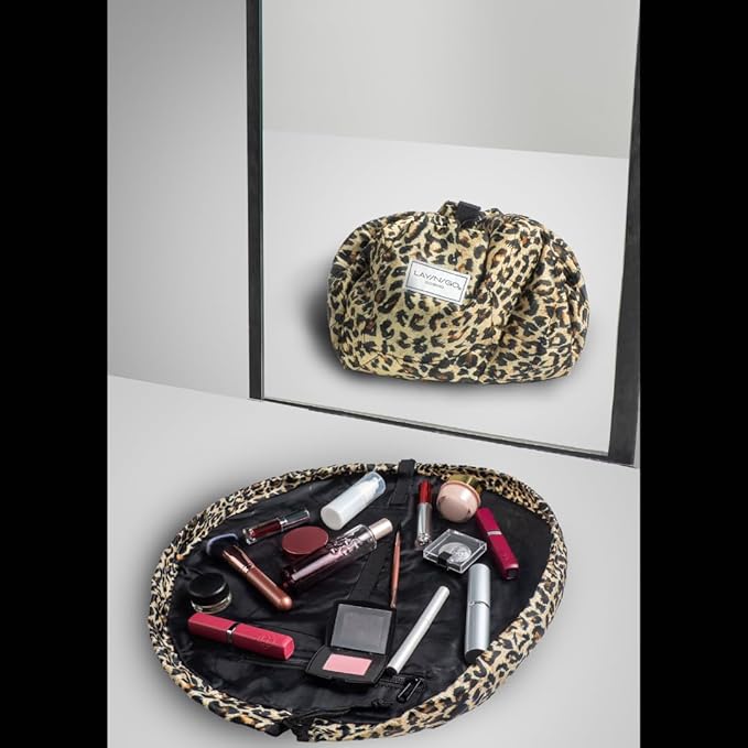 Lay-n-Go Cosmo Layflat Drawstring Cosmetic & Makeup Bag Organizer w/Zipper Pocket, Brush Loops & More, Cinch to Close, Lay Flat to Use, Durable, Machine Wash, Travel Toiletry Bag (20", Leopard)
