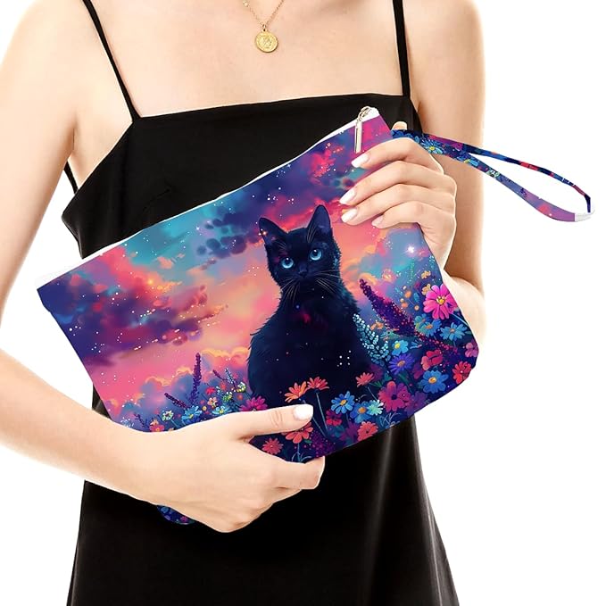 Fokongna Black Cat Print Wet Bag, Small Portable Waterproof Multi-Functional Organizer for Women, Ideal for Daily, Beach & Travel