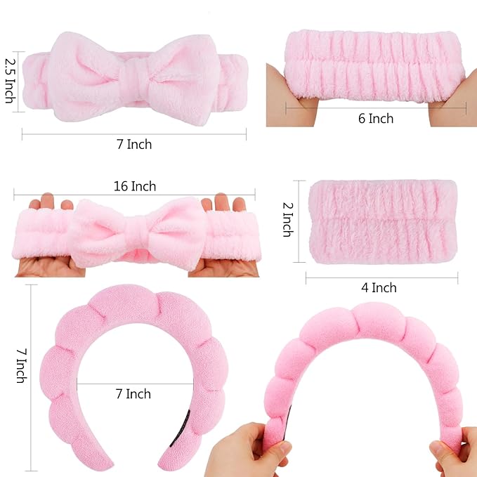 Chanaco Spa Wristband and Pink Puffy Sponge Makeup Headband Set for Face Washing, Skin Care, Teen Girl Gifts