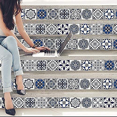 WALPLUS 24pcs 6" Peel and Stick Vinyl Backsplash Tiles Stickers Tile Paint Removable Waterproof Self-Adhesive Decals Vinyl Home Kitchen Bathroom Spring Easter Decoration (Spanish & Moroccan Blue)
