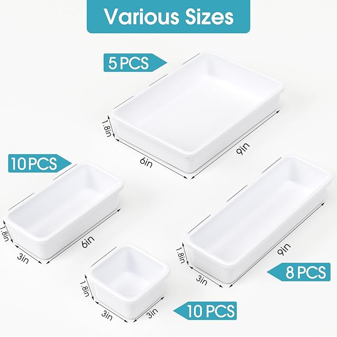 33 PCS Drawer Organizer Set, 4 Size Makeup Drawer Divider Organizer With Non-Slip Pads, Interlocking Plastic Storage Bins for Office,Jewelry Vanity,Gadgets, Bathroom,Kitchen, White