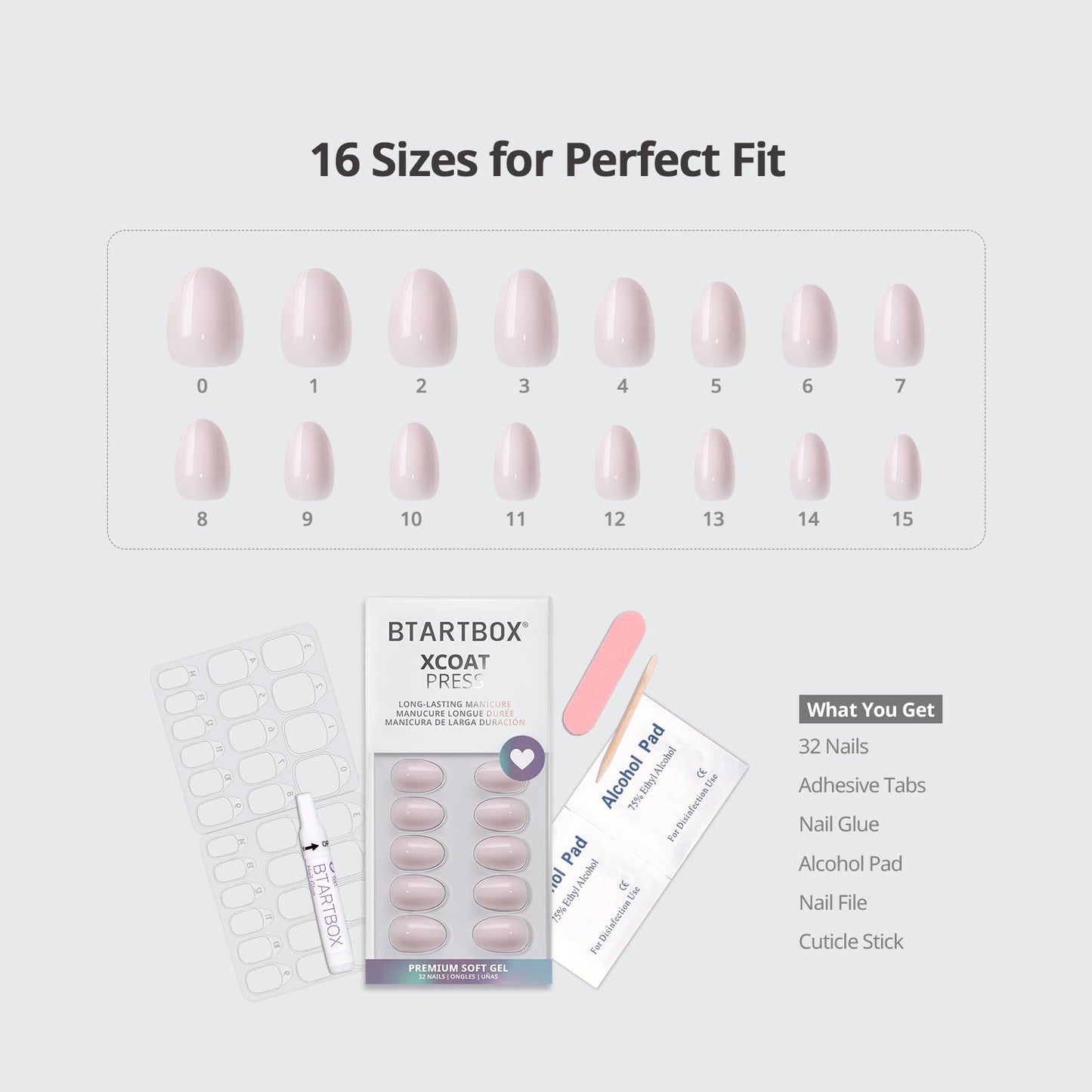 BTArtbox Press On Nails Almond - Power Calm, Lamp-Curable 4-Week Wear Nude Pink Extra Short Press On Nails with Glue and Adhesive Tabs, Easy-to-Apply in 16 Sizes - 32 Nails All-in-One Kit