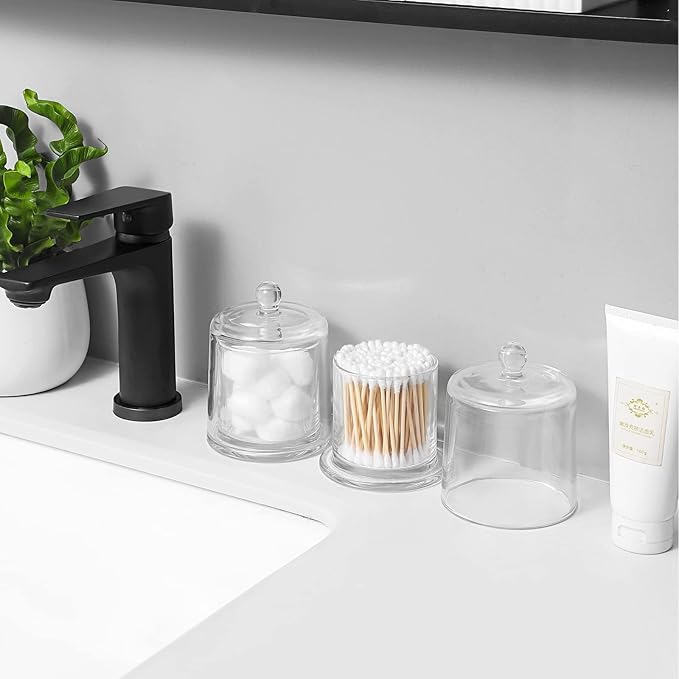 Qtip Holder Thick Glass Apothecary Jars with Lid for Bathroom Accessories Vanity Organizers and Makeup Storage for Cotton Ball, Swabs, Candy, Jewelry, Bathroom Decor, 2 Pack Clear