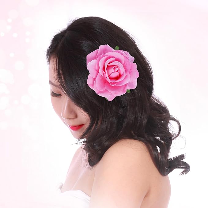 Rose Hair Clip Flower Hairpin Brooch Floral Clips, 4 Pcs Fabric Rose Flowers Hair Clips Mexican Hair Flowers Pin up Headpieces for Woman Girl Wedding Party Mother's Day (2 Sizes) (Pink)