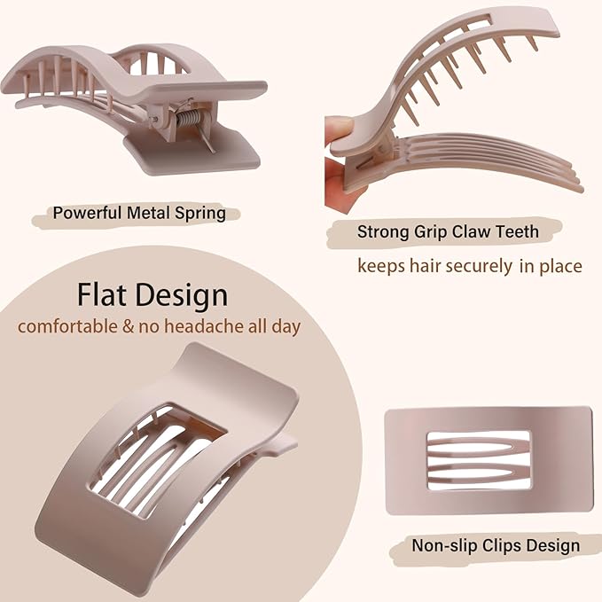 4 Pack Large Flat Hair Clips for Women, Rectangle Matte Non-slip Lay Flat Claw Clips, French Strong Hold No Crease Barrettes for Thick & Thin Hair, Stylish Square Hair Accessories (Neutral Colors)
