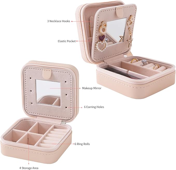 KElofoN Travel jewelry case Travel jewelry box Travel Jewelry Organizer Small Jewelry Organizer Box for Girls Women with Mirror (Pink-5)