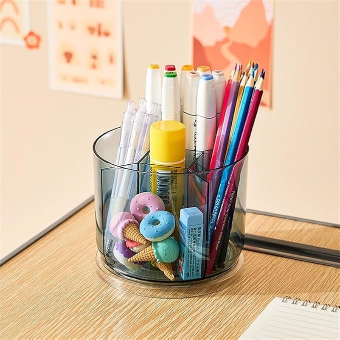 VANZAVANZU Makeup Brush Holder Organizer- Rotating 360° Clear Storage Cup Containers for Vanity, Desk, Countertop, Spinning Pen Holder for Desk, Round Make up Brush Stand with 5 Slots (Blue)