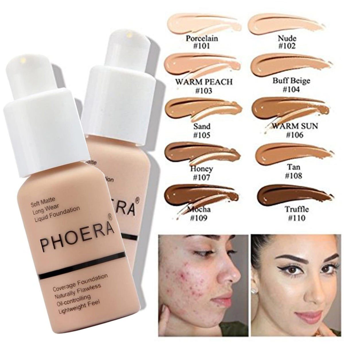 PHOERA Foundation Full Coverage,PHOERA Concealer Lightweight Full Coverage,PHOERA Makeup Long Lasting Wrinkles Matte Natural Finish for a Flawless Complexion (105 Sand+105#BISCUIT)