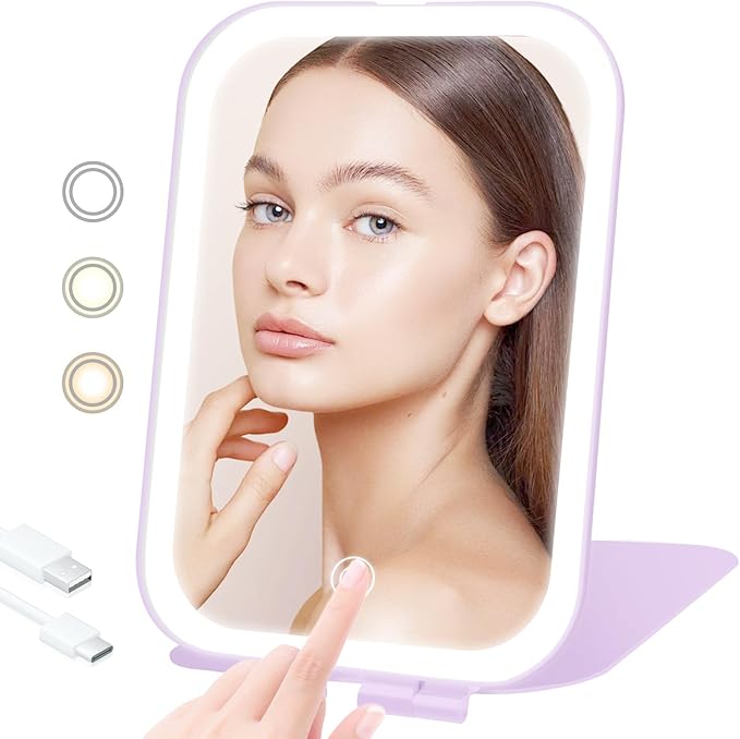 Travel Makeup Mirror, Portable Mirror with 3 Adjustable Light Settings, USB-Rechargeable Vanity Mirror with Lights, Gift for Women and Girls (Purple)
