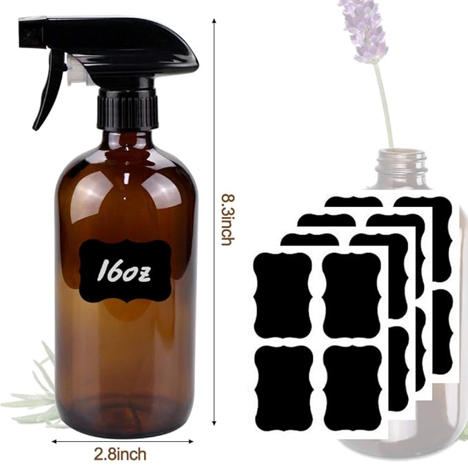 Bontip Glass Spray Bottle, Amber Glass Spray Bottle Set & Accessories Refillable for Plants Window Cleaners Aromatherapy Facial Hydration Watering Flowers Hair Care (2 Pack/16 oz) (Amber)