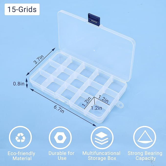 Fake Nail Storage Box, 3PCS 15-Grid Rhinestone Organizer Case with Divider, Clear Plastic Empty Container for Art Craft Sewing Screw Rock Collection Fishing Tackle, Bead Jewelry Display Holder