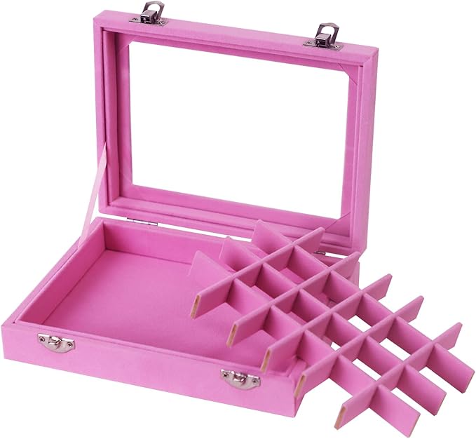 Velvet Jewelry Box 24 Grid Jewelry Earrings Display Organiser Box Ring Tray Holder Earrings Storage Case for Girls Wife Mom Women (Light Pink)