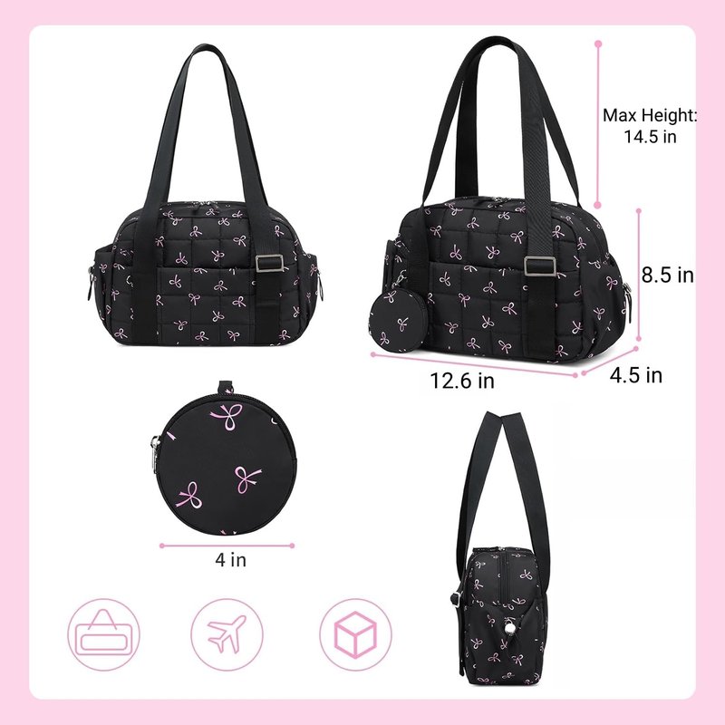 CAMTOP Mini Gym Bag for Women, Small Gym Tote Bag Puffy Quilted Sports Duffel Bag with Wet Compartment and Coin Purse Duffel Bags Dance Yoga Workout Bag for Gifts (Black Pink Bow, Mini-12.6")