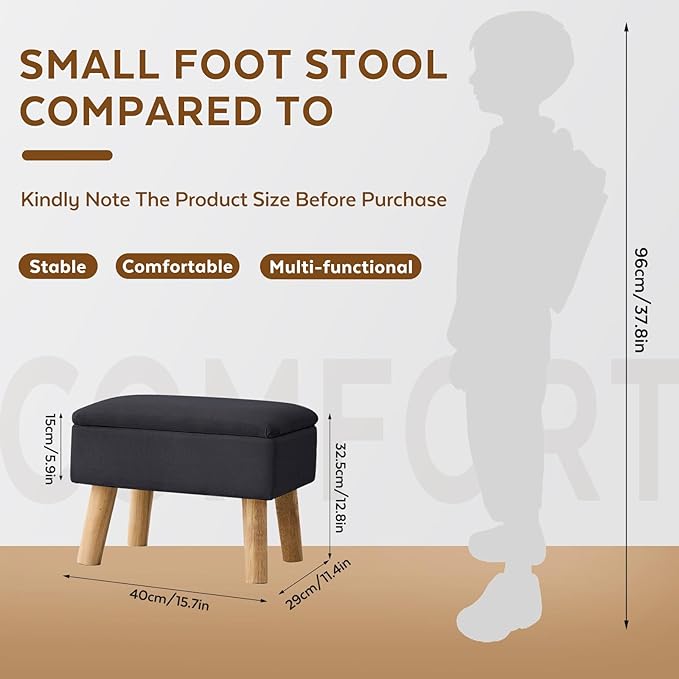 Storage Ottoman, Small Foot Stool Ottoman with Storage, Linen Foot Rest with Wood Legs, Footstool for Living Room, Bedroom, Entryway, Black