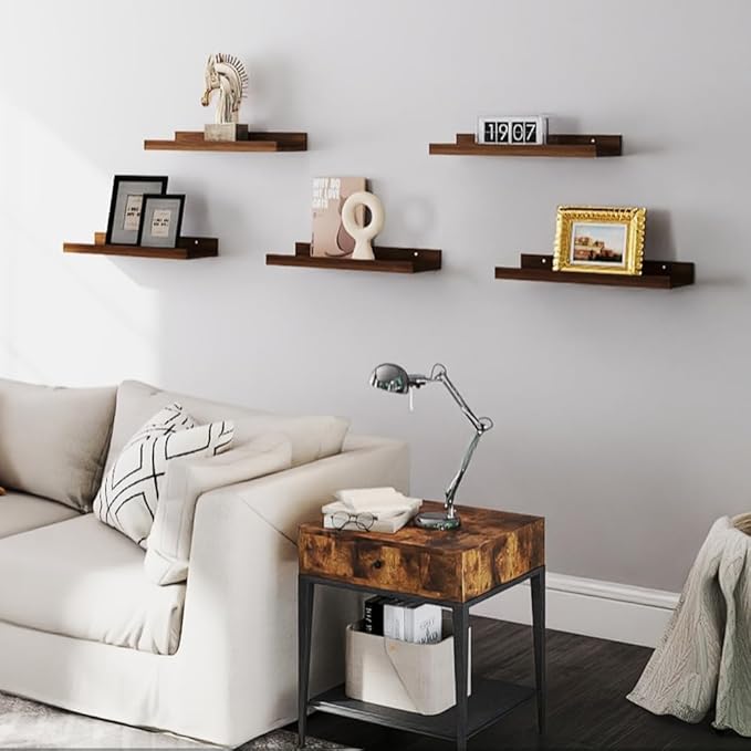 RICHER HOUSE 5 Set Floating Shelves for Wall Decor, Wall Mounted Book Shelf, Nursery Shelves Picture Ledge Shelf with Lip for Storage, Bedroom, Living Room, Bathroom - Walnut