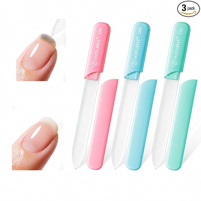 Modelones Nail Files, 3 PCS Crystal Glass Nail Files with 180/240 Grit Ã¢ÂÂ Double-Sided Reusable Fingernail Buffers & Cuticle Remover for Home, Travel, and Salon Manicure
