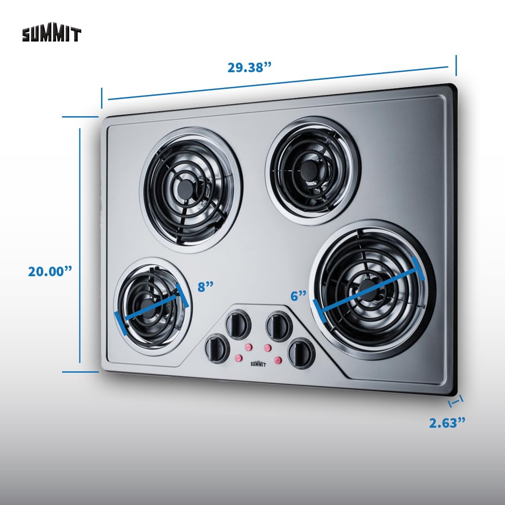 Summit 30" 4 Burner Electric Cooktop, 230 Volt Coil Electric Cooktop, ADA compliant, Stainless Steel- CR430SS