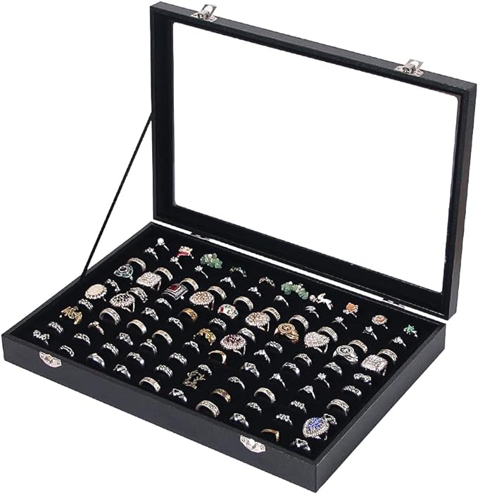 Ring Holder Organizer Box, Jewelry Display Case, Earring Necklace Storage Tray With Top Glass Lid (Black, 100 Slots)