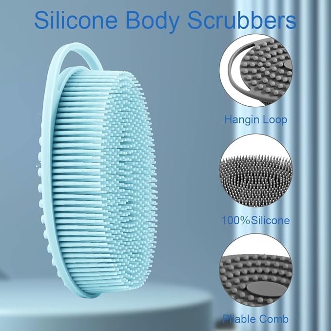 Silicone Body Scrubber, Exfoliating Silicone Body Shower, Silicone Loofah 2 in 1 Bath and Shampoo Brush, Body Scrubber Shower Cleaning Exfoliating for Sensitive Skin, Lather Well 2 PCS Black and Blue
