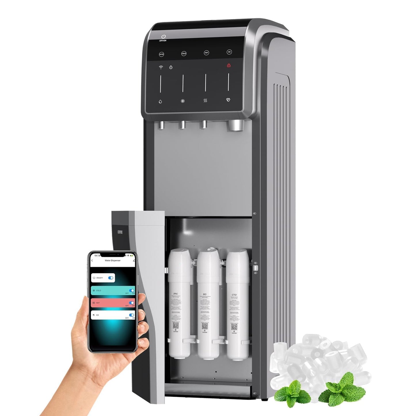 ICEPURE Water Dispenser with Ice Maker, 3-in-1 Hot and Cold Water Cooler with Built-in Bullet Ice Maker Machine, 26.5lbs/24H, Top Loading for 3-5 Gallon Bottle, Child Safety Lock, Bark Grey