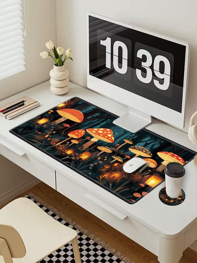 Large Mouse Pad Gaming Desk Pad Mushroom Mousepad for Wireless Mouse XXL 31.5''X15.75'' Big Desk Mats Extended Mouse Mat of Girl Desktop Computer with Coaster