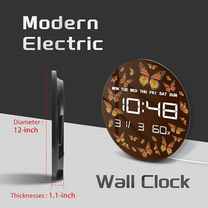 Timethink 12 Inch Butterfly Digital Wall Clock Large Display, Monarch Butterflies Entomology Nature Insect Electric Wall Clock with Temperature, Smart Dimming, Date, 12/24hr, Plug in LED for Kitchen