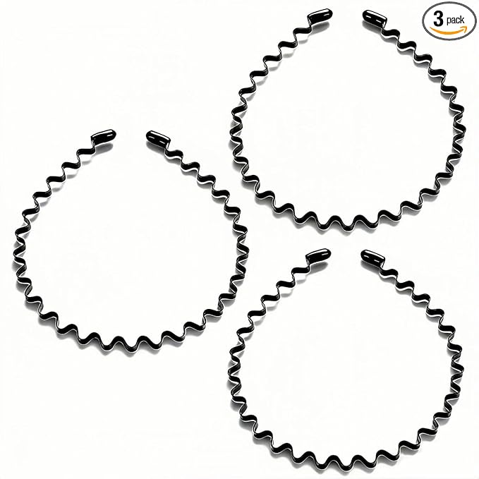 Metal Hair Band, Unisex Black Headbands, Wavy Stylish Design Metal Hair Ties for Men, Adjustable Headband for Women Outdoor Sports and Daily Wear. (3 Pcs)