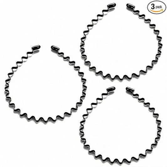 Metal Hair Band, Unisex Black Headbands, Wavy Stylish Design Metal Hair Ties for Men, Adjustable Headband for Women Outdoor Sports and Daily Wear. (3 Pcs)