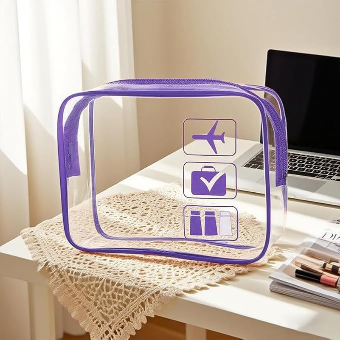 MODENGKONGJIAN TSA Approved Toiletry Bag, 3 Pcs Clear Toiletries Bags Quart Size Travel Makeup Cosmetic Bag for Women Men, Carry on Airport Airline Compliant Bag (Purple)