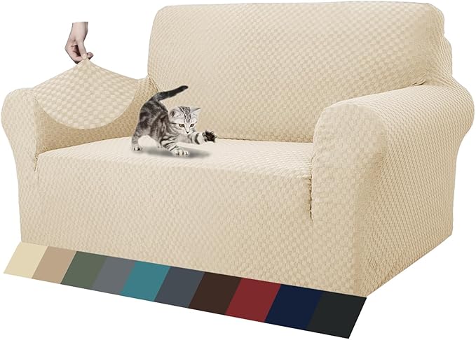 ZNSAYOTX 1 Piece Jacquard Couch Covers for 2 Cushion Couch High Stretch Loveseat Slipcover for Pets Dogs Anti Slip Love Seat Sofa Slipcover Furniture Protector (Loveseat, Light Beige)