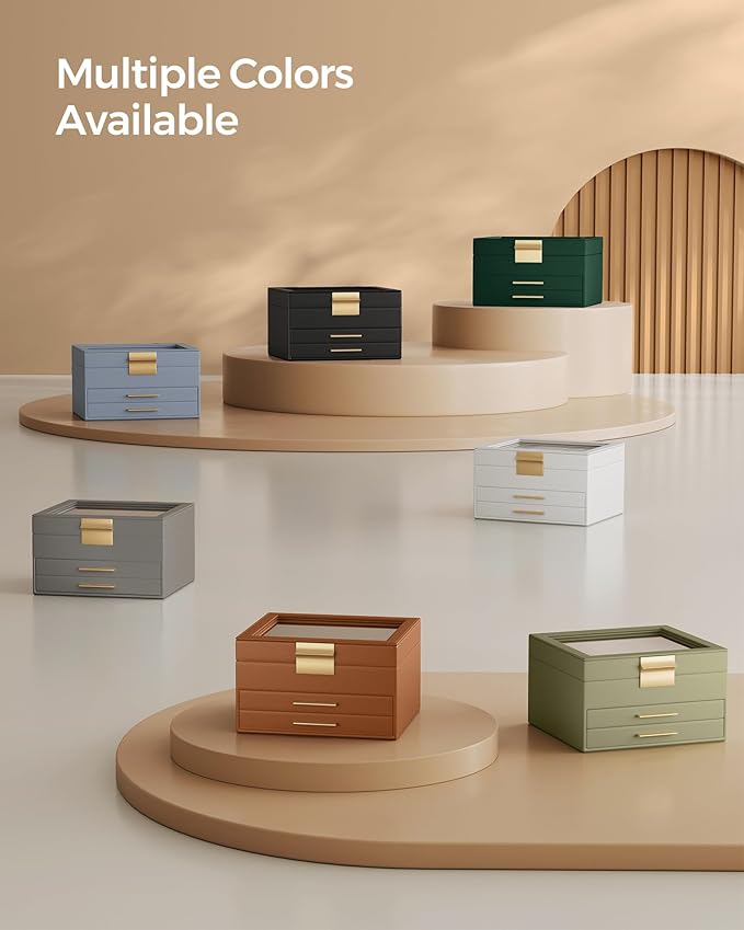 SONGMICS GISELLA Collection - Jewelry Box Organizer, 3-Layer Jewelry Storage with 2 Drawers, Shiny Metal Hardware, Glass Lid, Modern, 8 x 9.1 x 5.3 Inches, Smoky Blue and Gold Color UJBC239Q01