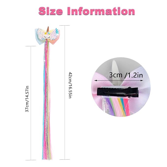Little World 6 Pcs Rainbow Hair Extensions, Unicorn Hair Clips for Girls' Ponytails - Colored Accessories