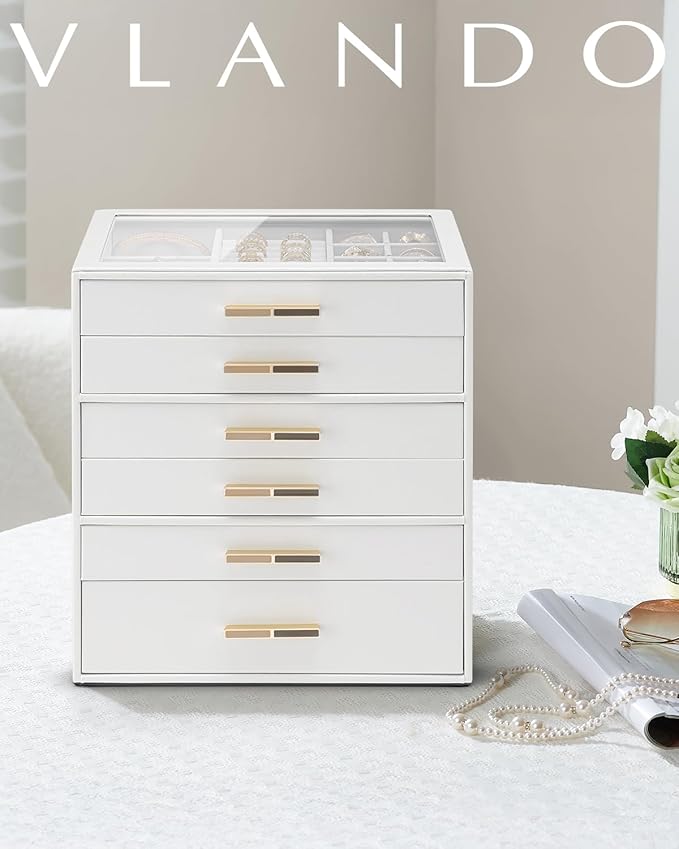 VLANDO 6 Layer Jewelry Box for Women, Glass Lid Jewelry Organizer with 6 Drawers for Necklaces Rings Earrings Bracelets - White