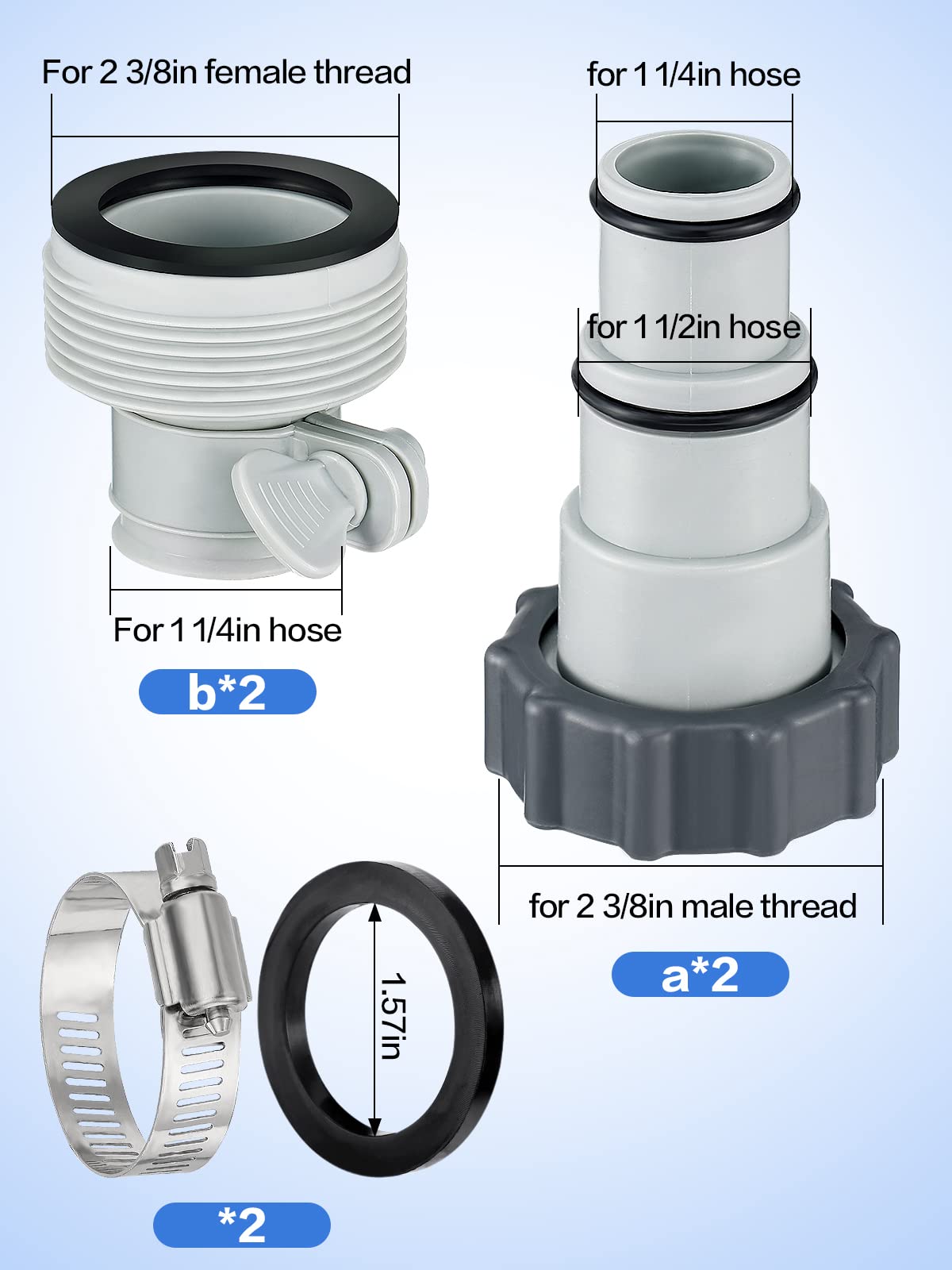 PAMASE Pool Hose Adapter A & B - Conversion Connector for 1.5"&1.25" Hoses with Clamps Gaskets, Replacement Parts fits Intex Filter Pumps, Saltwater System, Above Ground Swimming Pool (4Pack)