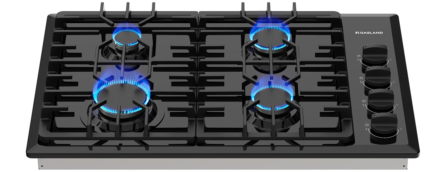 GASLAND Gas Cooktop 30 Inch Black, 4 Sabaf Sealed Burner Gas Stovetop, 4 ft Cord Plug, Cast Iron Grates with Metal Knobs, 28,300 BTU NG/LPG Convertible, Thermocouple Protection, CSA Certified