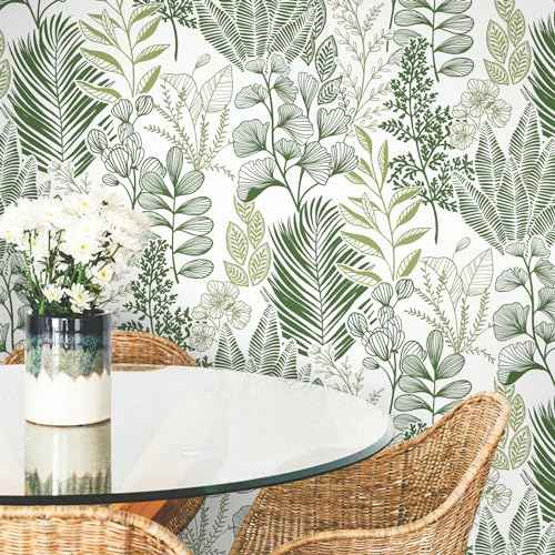 HeloHo Peel and Stick Wallpaper Green Leaf Floral Wallpaper for Bedroom Self Adhesive Removable Wallpaper Waterproof Contact Paper for Furniture Bathroom Dining Room Living Room Decor 16.1" X 118"