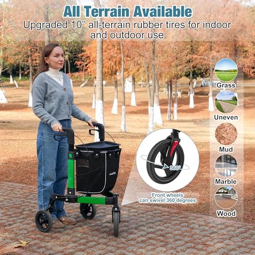 3 Wheel Rollator Walker, Walkers for Seniors, Rollator Walker Lightweight Foldable, with Tray and Large Storage Bag, 10 Inch Front Wheel for All Terrain, Green