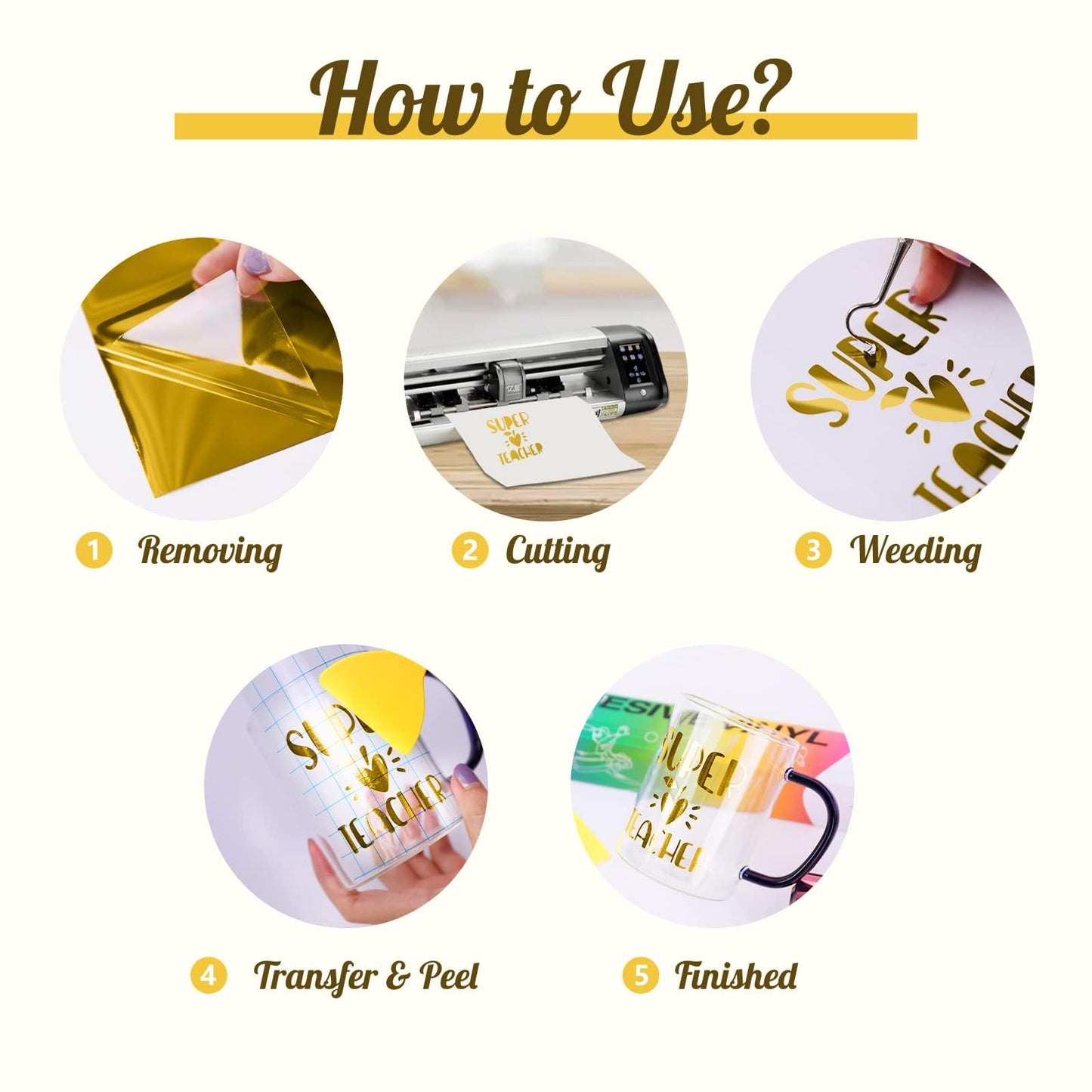 HTVRONT Gold Chrome Vinyl - 12" x 15FT Gold Permanent Adhesive Vinyl for All Cutting Machine-Gold Mirror Metallic Easy to Cut & Weed