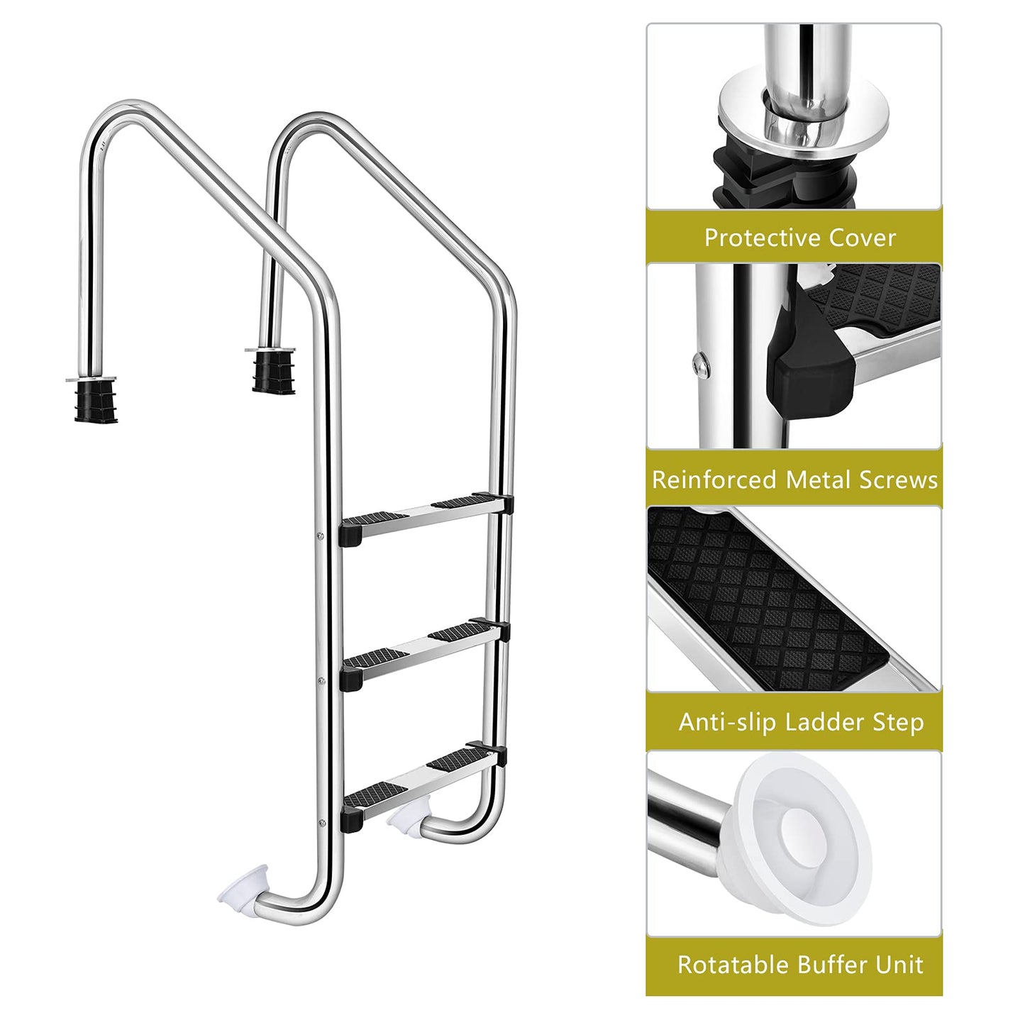 IRONMAX Swimming Pool Ladder, 3-Step Heavy Duty Stainless Steel Pool Stair w/Non-Slip Steps, Easy to Install, Pool Ladder for Inground Pools, Gym & Water Park, 265 LBS Weight Capacity