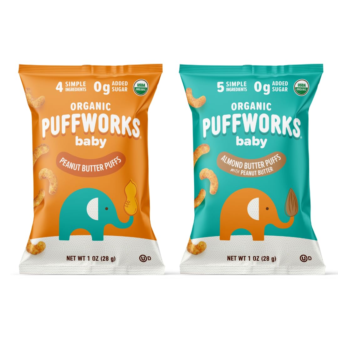 Puffworks Baby Peanut and Almond Variety Pack, Perfect for Early Peanut Introduction, Plant Protein, USDA Organic, No Added Sugar, Gluten-Free, Vegan, Non-GMO, Kosher, 1.0 Ounce (Pack of 6)