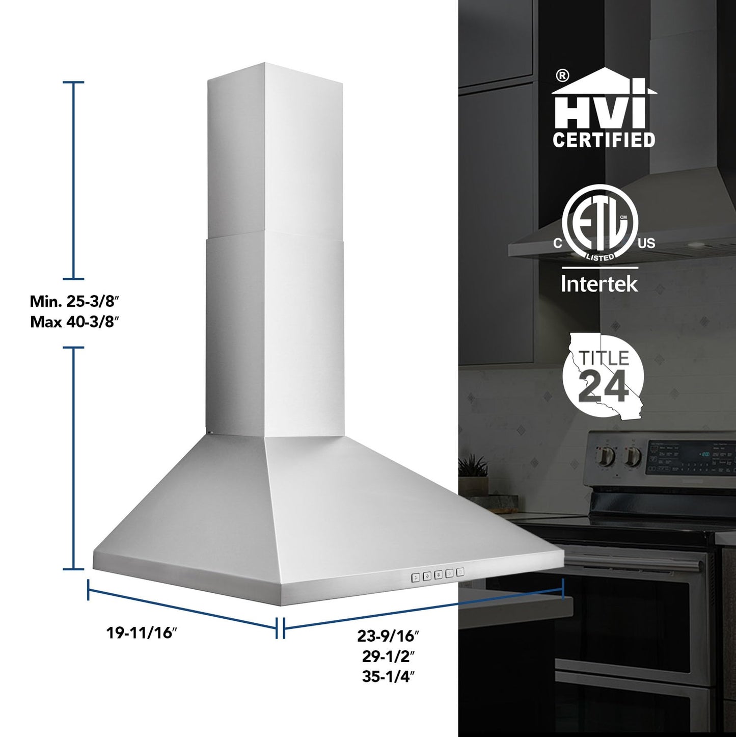 Broan-NuTone 24" Pyramidal Chimney Range Hood with LED Lighting, Convertible Wall-Mount Kitchen Chimney Vent Hood, 450 Max CFM, Stainless Steel