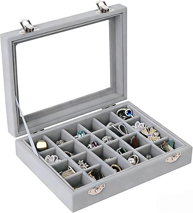 Velvet Jewelry Box 24 Grid Jewelry Earrings Display Organiser Box Ring Tray Holder Earrings Storage Case for Girls Women Wife Mom (Gray)