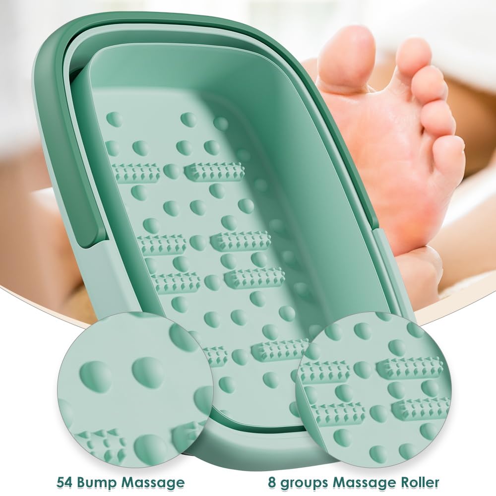 Collapsible Foot Bath Basin for Soaking Feet,Pedicure Foot Spa, Foot Tub with Handles and Massage Acupoint,Multifunction Collapsible feeting Soak Tub-Green