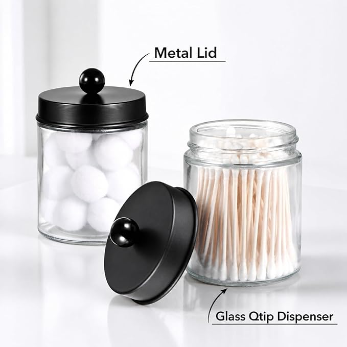 Amolliar 4 Pack Glass Apothecary Jars Bathroom Vanity Storage Organizer Set-Qtip Dispenser Holder with Stainless Steel Lids &Cute Stickers-Countertop Canister for Qtips,Cotton Swabs,Makeup Sponges