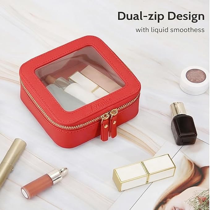 Aveniee Mini Clear Makeup Bag, Small Cosmetic Bags Travel Toiletry Pouch Organizer, TSA Approved Make up Case with Zipper, Car Bag for Essentials,Red