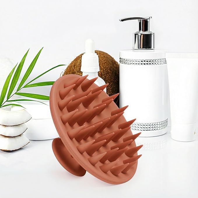Silicone Scalp Massager Shampoo Brush, Scalp Brush for Hair Growth & Dandruff Removal, Hair Scrubber Scalp Stimulator Exfoliator Brush with Soft Bristles for Wet Dry Scalp Care (Brown)