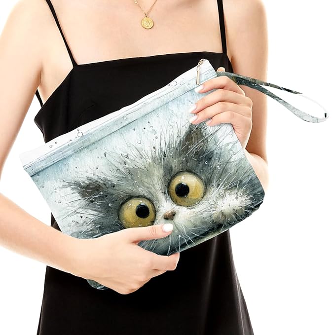 Fokongna Cute Print Wet Bag, Small Portable Waterproof Multi-Functional Organizer for Women, Grey Watercolor Fluffy Cat, Ideal for Daily, Beach & Travel