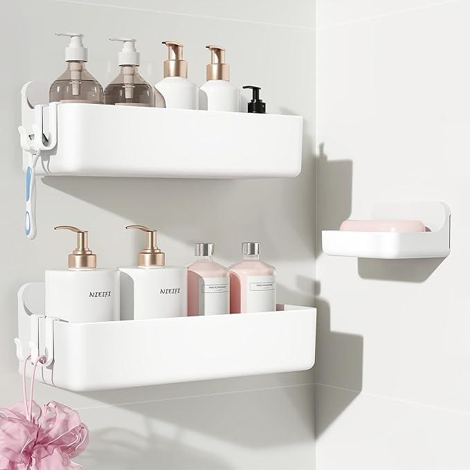 Nieifi Adhesive Wall Shelf, Shower Shelves, Shower Organizer for Bathroom Organization (White, 3 pieces)